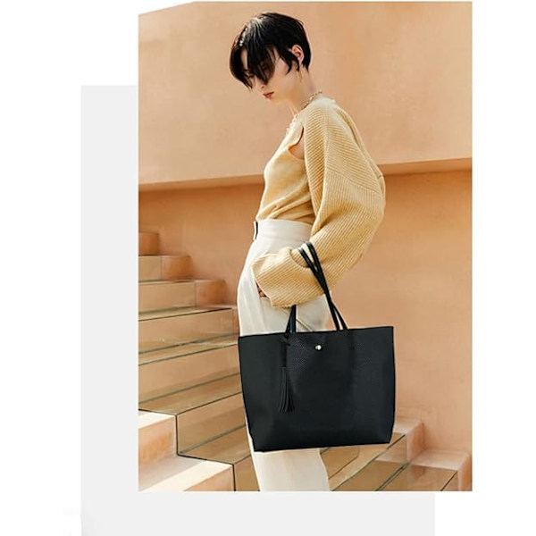 Dame Håndveske Tote Bag Myk PU Lær Stor Kapasitet Kvinner Topp Håndtak Skulder Bag For Kvinner Svart Håndveske Black