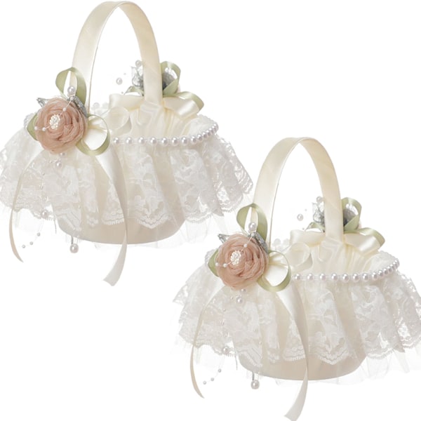 2 stk Elfenbensblomsterpikekurver til bryllup, kurver med blonder og perler, kurver for blomsterpike Fairy Flower Collection