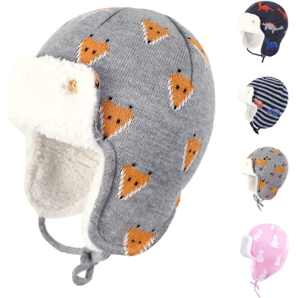 Baby Pojkar Flickor Djur Öronlapp Hatt Dinosaurie Rävtryck Varm Fleecefodrad Mössa Julklapp