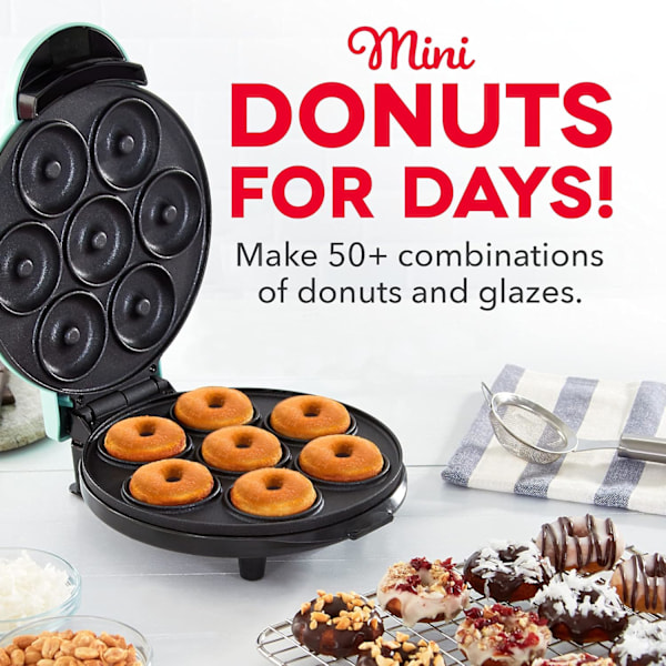 Mini Donut Maker Maskin för Barnvänlig Frukost, Snacks, Desserter & Mer med Non-stick Yta, Gör 7 Donuts - Aqua