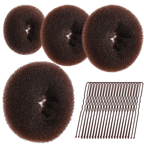 Hårbulleformare Set, 4 Storlekar Brun Donut Bun Maker och 20 Gyllene Hårsnålar för Blondin, Chignon Bun Maker Hårrings Stiltillbehör Brown