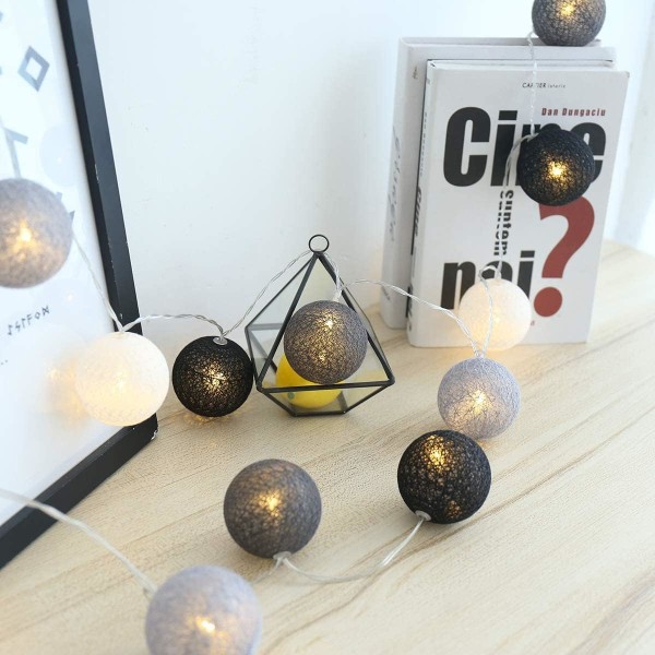 Cotton Ball Light Garland, Innendørs juledekorasjon, 3M 20er LED Globe Light, Bryllupssoverom Atmosphera Dekorasjoner, (USB grå/svart)