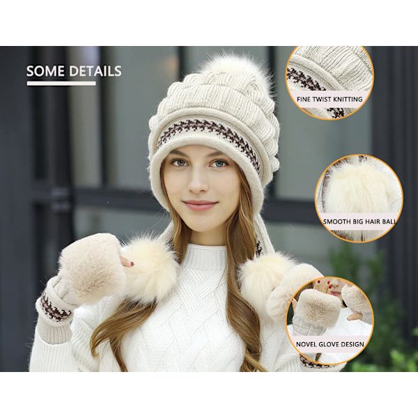 Damhattset Fluffig Vintermössa Stickad Beanie Utomhus Plyschfodrad Rysshatt Pompom Öronlapp med Vantar, beige Beige