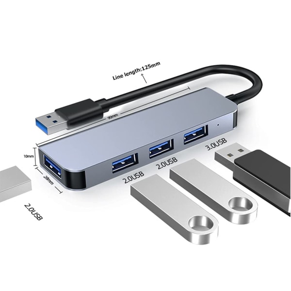 USB Hub 3.0, USB 4-Port Hub Adapter, Aluminium Shell USB 3.0 Hub kompatibel med pc, MacBook Air, Mac Pro/Mini, PS5, Xbox One, Flash Drive, Mobile HDD