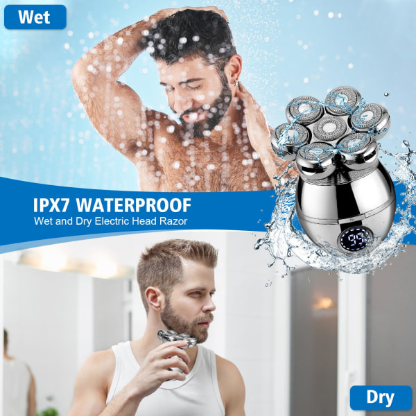 Hodebarbermaskiner for menn, IPX7 vanntett våt/tørr elektrisk barberhøvel, oppgradert roterende barbermaskin for skjeggpleiesett, trådløs ladebar barberhøveltrimmer
