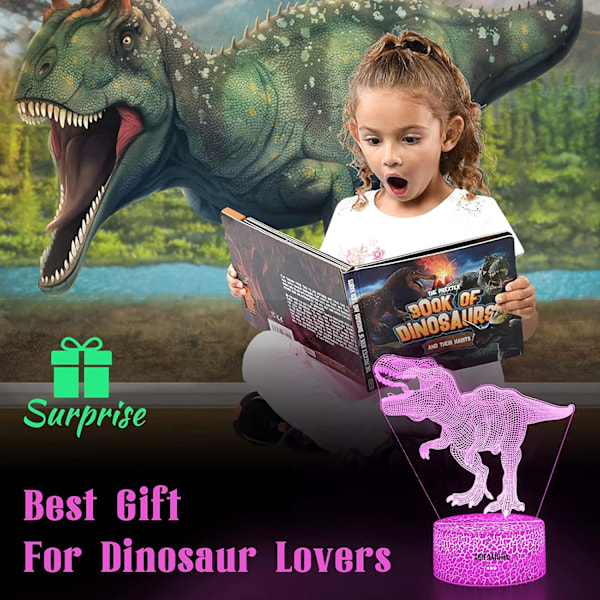Dinosaurus 3D Illuusio Lamppu, Dinosaurus Lelu Pojille ja Tytöille, 16 Väriä Vaihtava Akryyli LED Yövalo, Syntymäpäivät Juhlat Joulu Lahja