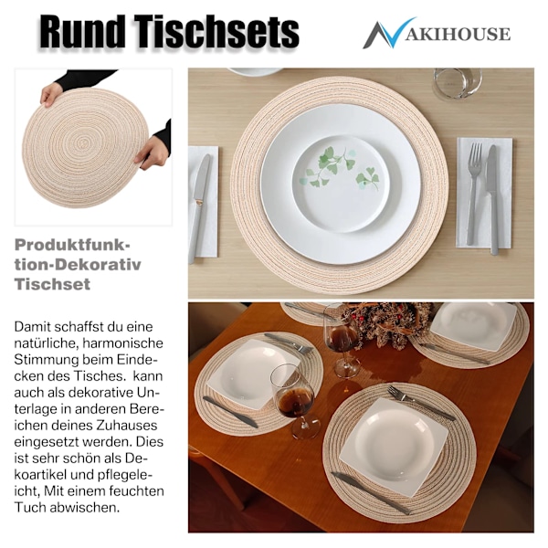 Beige punotut pyöreät tabletit, 6 kpl, lämmönkestävät pestävät pöytätabletit keittiöön, 38 cm, beige Beige