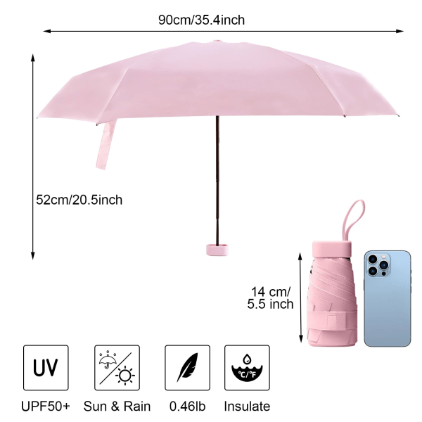 Minifoldelig rejseparaply, kompakt paraply, vindtæt stærk, 6 ribben bærbar anti-UV paraply med kapseletuiet, pink Pink
