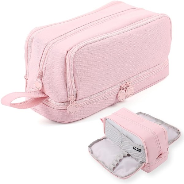 Large Capacity Pencil Case 4 Compartments Pencil Bag with Zipper Portable Handle for Office, College, School, Teens (Pink)