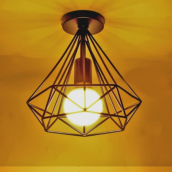 Retro Industriell Metall Taklampe LED E27 Rombe Bur 25cm for Spisestue, Bar, Soverom, Kjøkken og Stue (Pakke med 1 Svart)