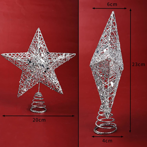 Sølv Metall Juletre Topper Glitrende Juletretopp Hallow Wire Star Topper for Julefest Hjemmedekorasjon, 8 Tommer silver