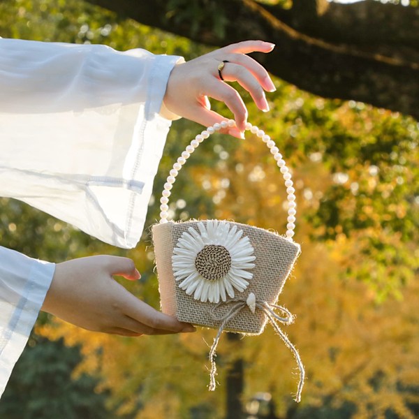1 Pakke Jute Blomsterpikekurver, Blomsterpikekurv Rustikk Jute, Blomsterpikekurv med Perlehåndtak, Jute Bryllupsblomsterkurv