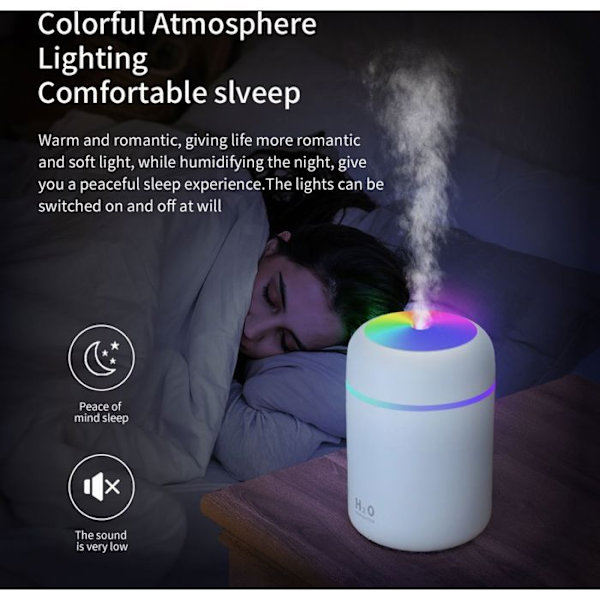 300 ml LED Ilmankostutin USB Aroma Diffuser Auton Ilmanpuhdistin Värikkäillä LED-valoilla Valkoinen YYV