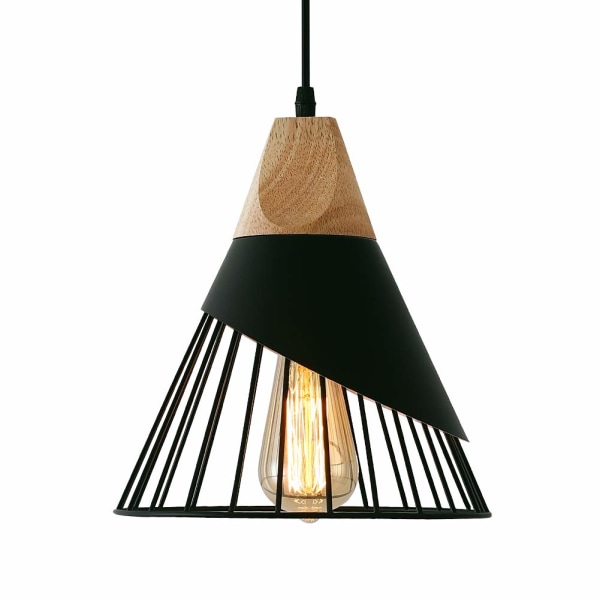 Vintage pendellampe, træ metaldesign industriel loftslampe i lysarmaturer Pendel lampeskærm 27 Belysning til spisestue køkken, sort