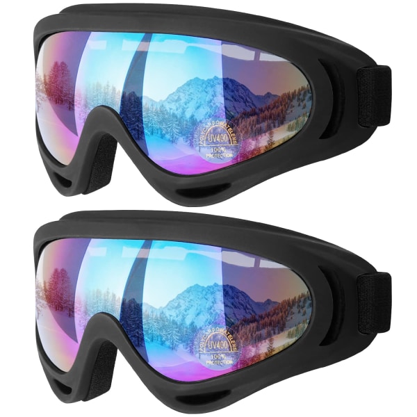 2-packs skidglasögon, motorcykelglasögon, snowboardglasögon för män, kvinnor, barn - UV-skydd Skum anti-scratch Dammtät svart (flerfärgad)