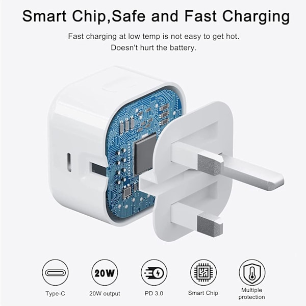 20W USB C Hurtiglader, Hurtigladeplugg og 2M USB C til Lightning Ladekabel, Egnet for iPhone 13, 14, 15, 13Pro, 14Pro, 15Pro