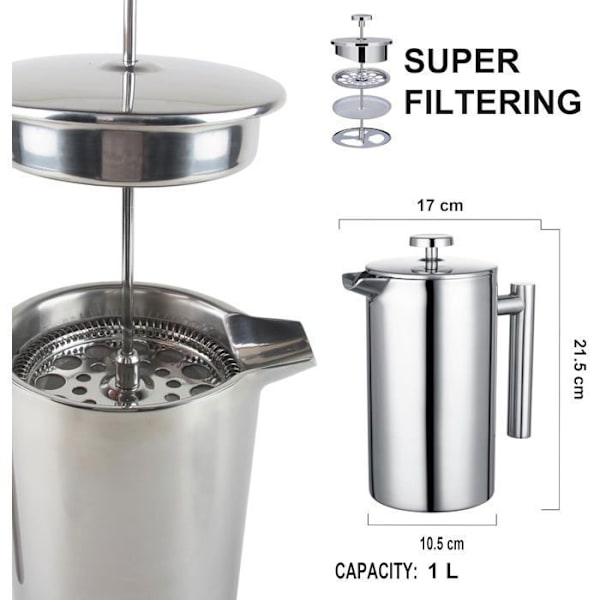 NetBoat Stempelkande med 2 Genanvendelige Kaffefiltre i Rustfrit Stål, 1 Liter (1000 ml)