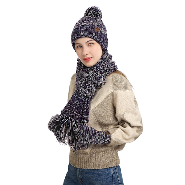 Höst & Vinter Ny Stickad Ullfärgad Hatt, Tjockare Halsduk Touch Screen Vantar Tre-Delat Set Black