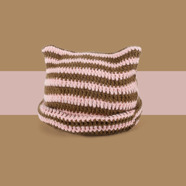 Kissan korvat - neulottu beanie-pipo, raidallinen, talvi, lämmin, joustava, vaaleanpunainen ja ruskea Pink and Brown
