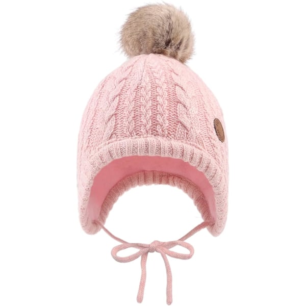 Baby Pojkar Vintermössa Sammetsfodrad Småbarnsmössa med Öronlappar Varma Babymössor för Flickor med Pompon Pink