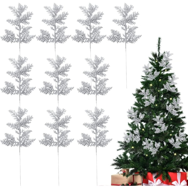 Julgransfjäderdekorera, 10 st Glitterpulver konstgjord julgrans tallblad Lämplig för säsongsdekoration