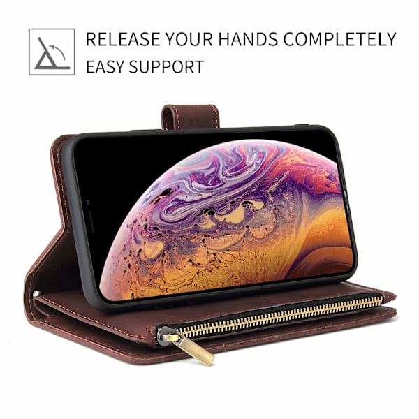 Plånboksfodral för iPhone 11, Handväska med dragkedja, Fodral med Ställ, Kortfack med Handledsrem, TPU Stötsäkert Flipskydd för iPhone 11 - Kaffe