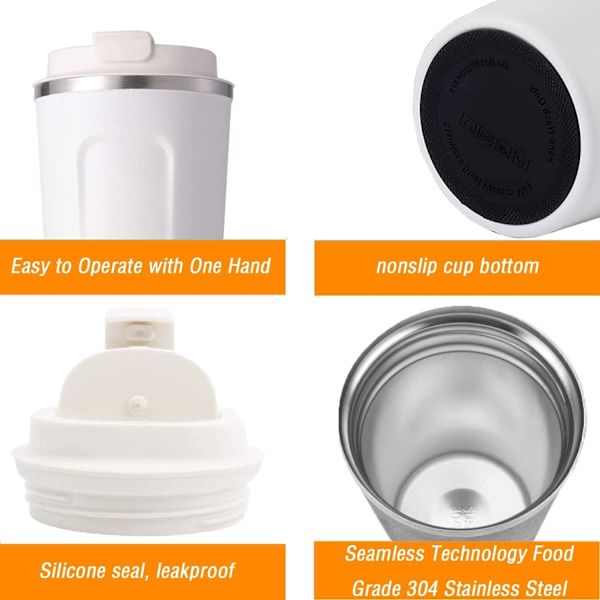Resemugg, Isolerad Kaffekopp med Läcksäker Lock - Återanvändbara Kaffekoppar Resa - Bilkaffekopp - Rostfritt Stål Termosmugg, 380ml (Vit) white