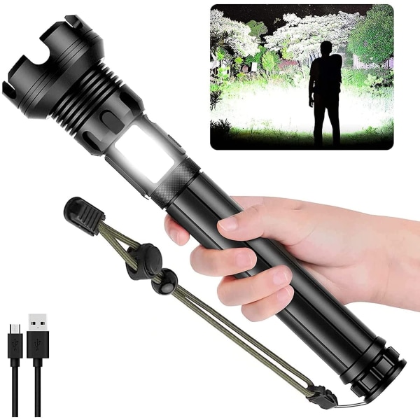 P90 stærk lys lommelygte Taktisk lommelygte, 90000 lumen, XHP90 LED, 7 tilstande, USB opladning, vandtæt, zoombar med batteri