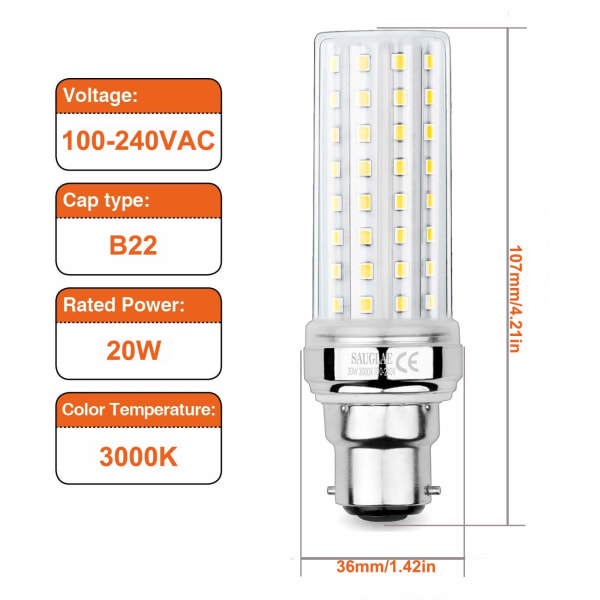 20W LED-maissilamput, 150W vastaava hehkulamppu, 2300LM, 3000K lämmin valkoinen, B22 bajonettilamput, 3 kpl
