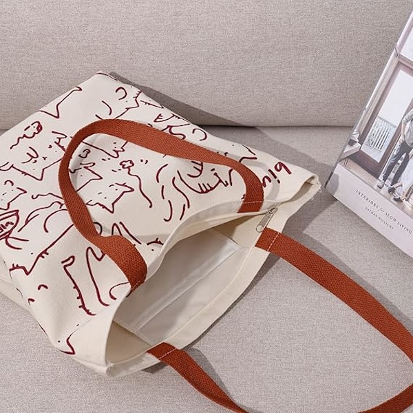 Kat Tote Bag med lynlås Dame Lærred Tote Bag, Genanvendelig Indkøbspose, Vaskbar Foldbar Lærred Tote Bag til Kvinder Piger