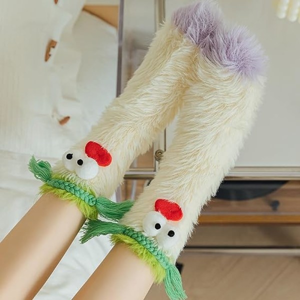 Hauskat söpöt naisten sukat Pörröiset sarjakuva hirviösukat, Coral Velvet 3D pehmoiset omituiset sukat, talven lämpimät sumeat mukavat sukat Joululahjat tossut sukat