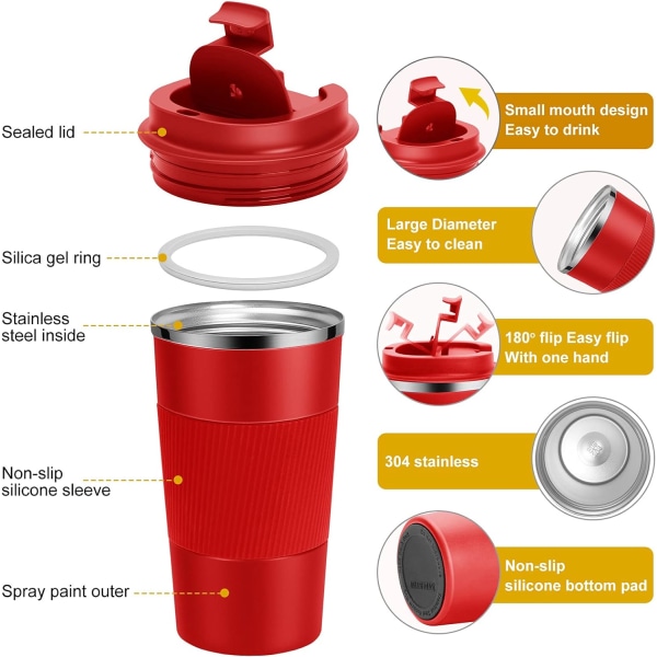 Resemugg, Återanvändbara Isolerade Kaffekoppar, Vakuumflaskor, Termosmugg i Rostfritt Stål för Varma och Kalla Drycker red