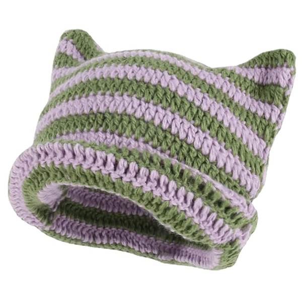Katte Beanie Hæklet Hatte med Ører Strikket Stribet Vinter Varmt Elastisk Kasket, Lilla og Grøn Purple and Green
