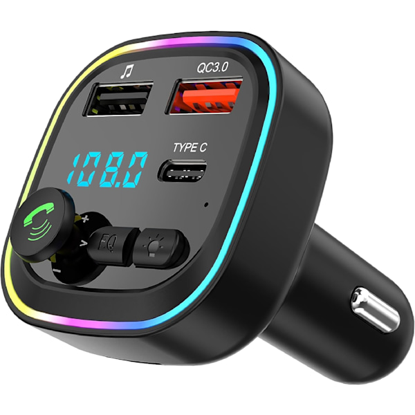 Bluetooth 5.3 FM Transmitter, QC3.0 Hurtigopladning Trådløs Bluetooth MP3-afspiller, 2 USB + 1 Type-C, Håndfri Opkald, Understøtter USB og TF-kort