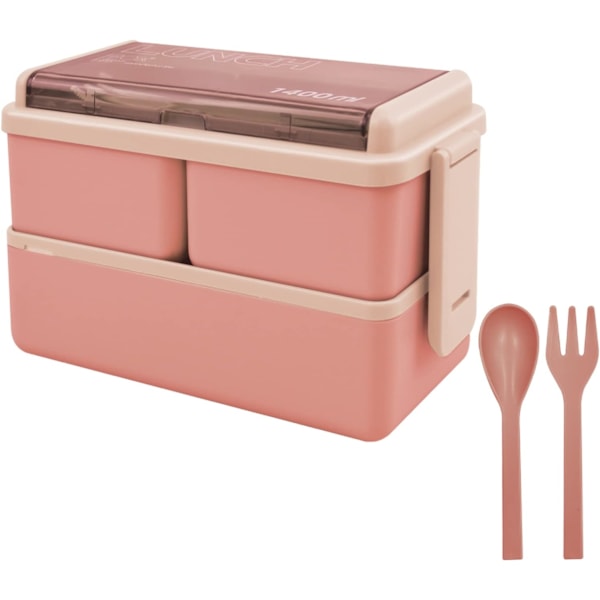 Lunsjboks, 1400 ml beholder med 3 flyttbare rom og bestikk, lekkasjesikker 2-lags boks for voksne barn kontor mikrobølgeovn oppvaskmaskin (rosa) pink