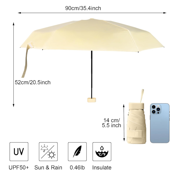 Mini Resefällbart Reseparasoll, Kompakt Parasoll Vindtåligt Starkt, 6 Ribbor Bärbar Anti-UV Parasoll med Kapselfodral, Gult Yellow