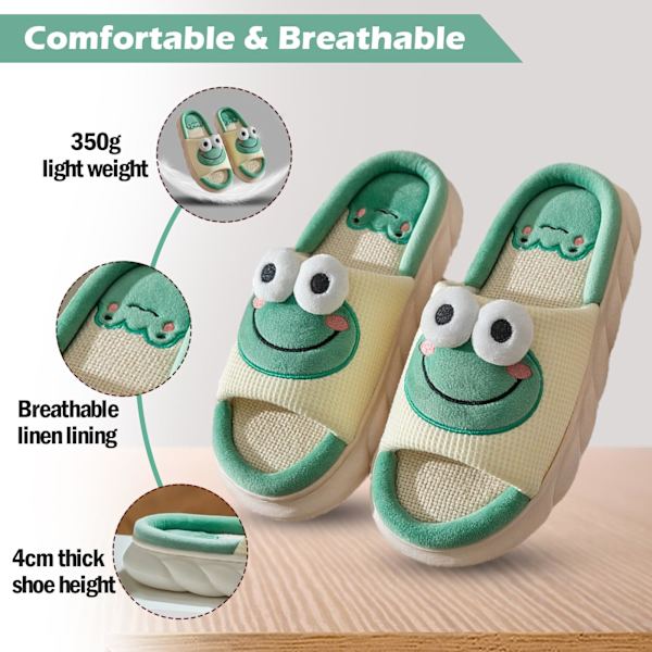 Söta Grodslippers Mjuka Bomullslippers för Kvinnor Cartoon Tjock Sula Grodtryck Sliders Vinter Djurslippers Hem Linne Slides, 42-43