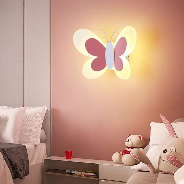 Søt Sommerfugl LED Vegglampe, Innendørs Nattlys for Barneromsdekor, Babyromsdekor, Nattlys for Barn, (Varmt Hvitt Lys, Rosa og Hvit)