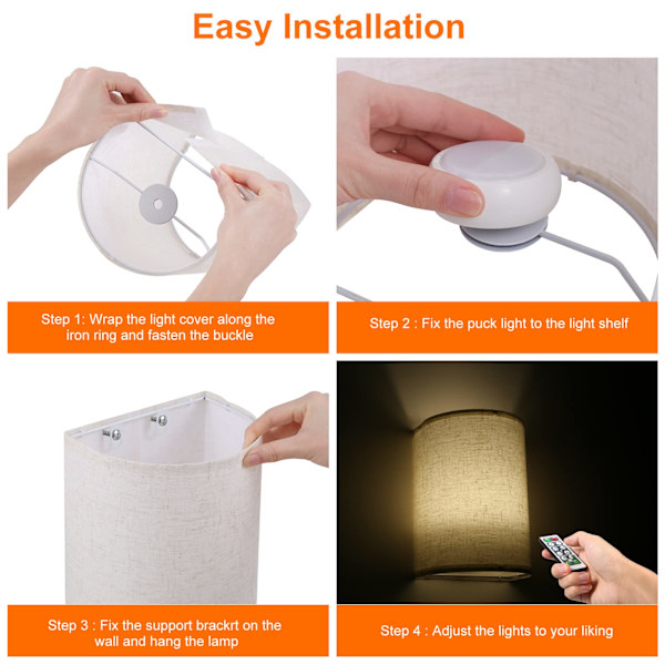 Vägglampor Set 2-pack Vägglampa 3 Färger Tygskärm Ljus Dimbar Vägglampa Armaturer med Fjärrkontroll för Sovrum Vardagsrum