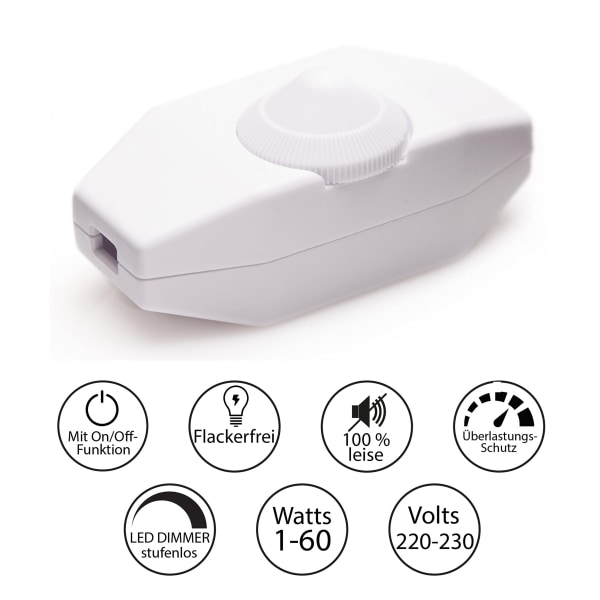 Lysdimmer, dreiebryter med hvit 220-230V kabel, trykknapp for dimbare LED-er