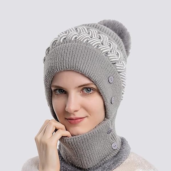 Hattu- ja huivisetti, Talvihattusetti, Naisten huivi- ja hattusetti, Naisten huivi, Hattu- ja maskisetti, Joululahja Grey