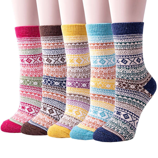5 Par Damsockor i Ull, Dam Vinter Varma Stickade Sockor Tjocka Sockor, Julklappar till Kvinnor