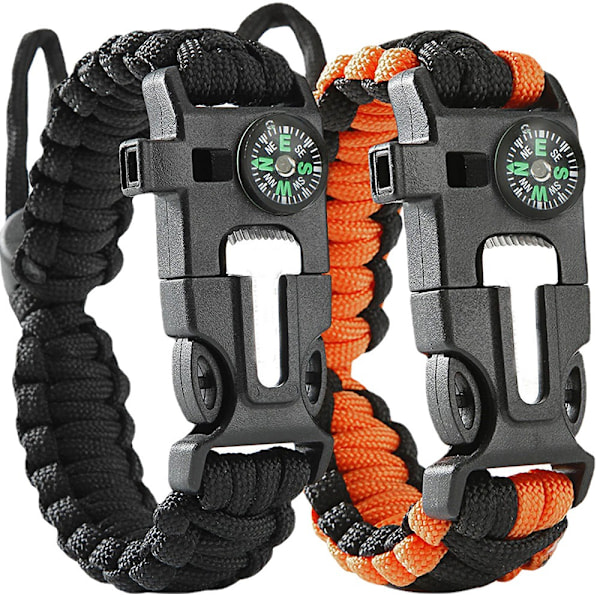 Survival Bracelet (Pair) - Flint & Steel Fire Starter, Whistle, Compass, Adjustable Band Size for Camping, Bushcraft, Emergency Kit (Black and Orange)