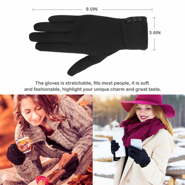 Pekskärmshandskar för kvinnor - Vintervarma handskar, thermal pekskärm för damer Helfingervantar Vindtäta fodrade tjocka värmehandskar för presenter,svart Black
