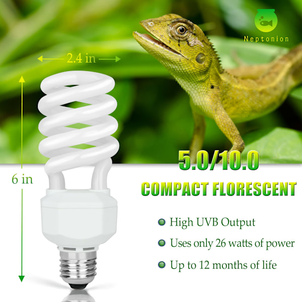 UVA UVB 10.0 Reptilpære, 26W Dobbeltvirkende UV-lyspære, Kompakt Fluorescerende Lampe, Egnet til Ørkenreptiler