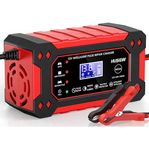 12V 6A Batterilader, Smart Batterilader og LCD-skjerm, Bilbatterilader for Biler, Motorsykler, Lastebiler, AGM, Gel, SLA (2Ah-100Ah)