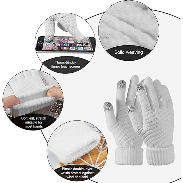 2 Par Knittade Vantar, Tunna Fleecefodrade Helfingersvantar, Grå+Svart, Vinterplysch Ull Halksäkra Fingrar, Kallsäkra Stickade Varma Vantar Black,Gray
