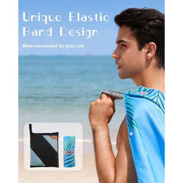 Strandhåndklæde med UV-etiketter, strandmåtte, mikrofibermateriale, sandfri, passende størrelse (75 × 150 cm), hurtigtørrende, elastisk rebdesign, blå
