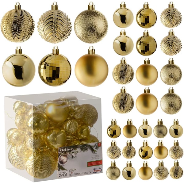Guld 36-delad krossäker julgranskuleornament Den perfekta glitterbollarna, julgranskulor juldekorationer. gold