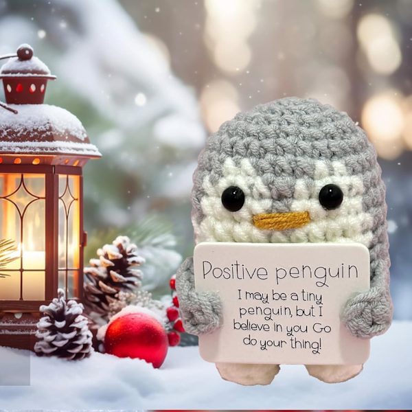 Positiv pingvin, strikket krammedyr med positiv kort hækling opmuntring, følelsesmæssig støtte plyslegetøj til par, fødselsdag, Thanksgiving